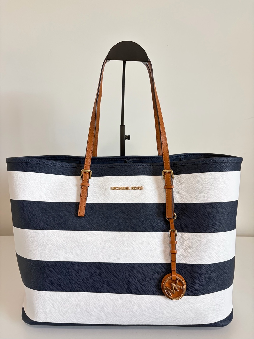 Michael Kors Jet Set Travel Navy & White Striped Tote with Brown Leather Straps